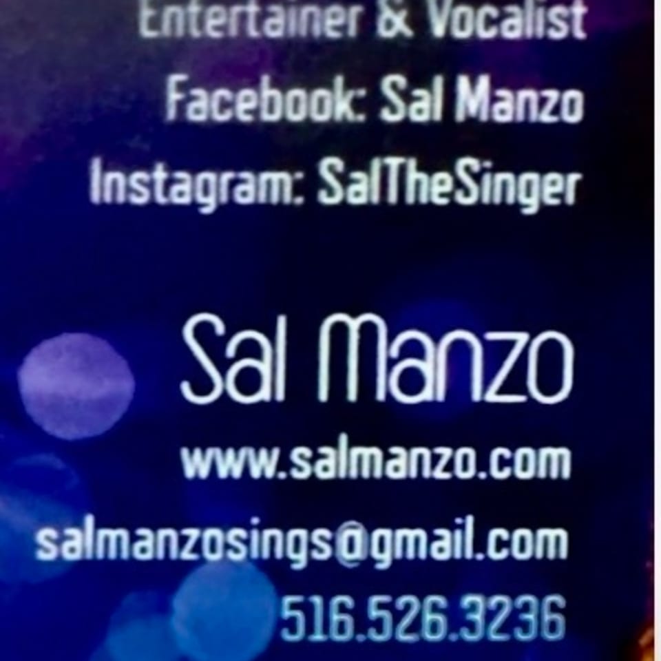 Contact information for Sal Manzo, an entertainer and vocalist, on a dark blue background.